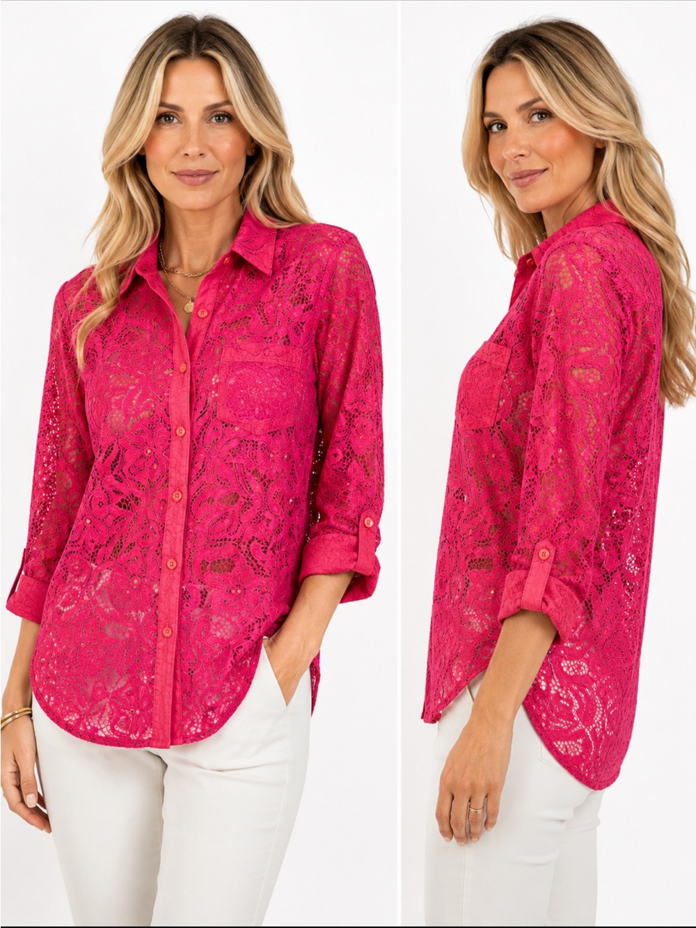 Maeve Anthropologie Pink Floral Lace Button-Down Shirt Roll Tab Size 10